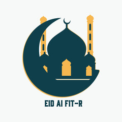  Eid Al Fitr Vector Design calligraphy with mosque and background with moon.
