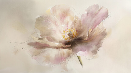 A single, random flower portrayed in soft pastel tones, hand-drawn in watercolor, focusing on the interplay of light and shadow.