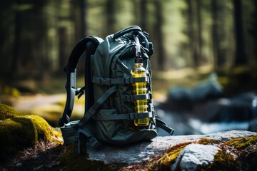 
A detailed view of a hydration system on a rucksack, emphasizing the importance of staying hydrated while rucking - obrazy, fototapety, plakaty