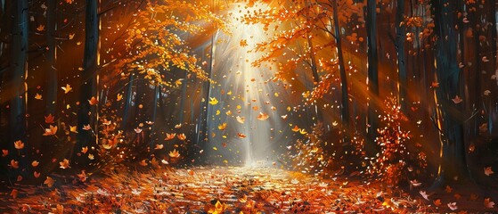 Autumn forest, oil painted, falling leaves, golden hour light, medium angle. - obrazy, fototapety, plakaty