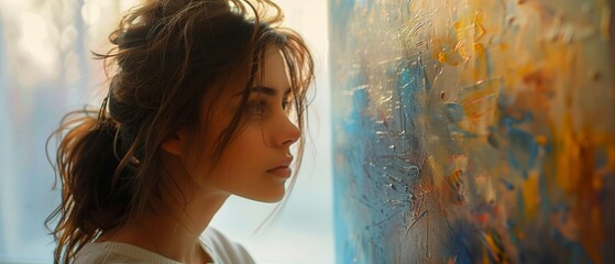 Art gallery, oil painting style, contemplative viewers, soft indoor light, close-up.