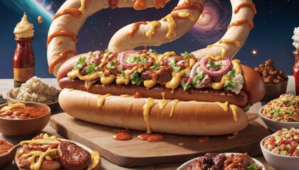 Surreal concept of an oversized hotdog with extravagant toppings floating in a cosmic setting, perfect for creative food advertising