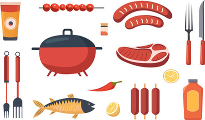 barbecue set, steak, fish, in flat style vector