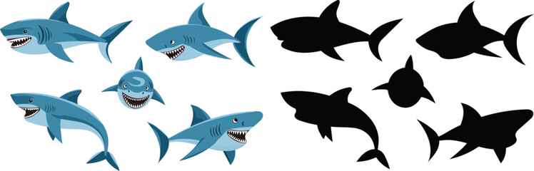 set of shark character, in flat style vector