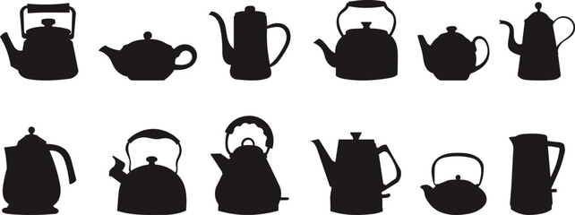 set of teapots silhouette vector