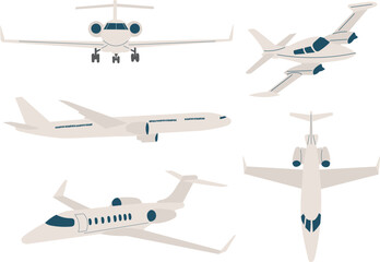 set of airplanes from different angles, in flat style vector