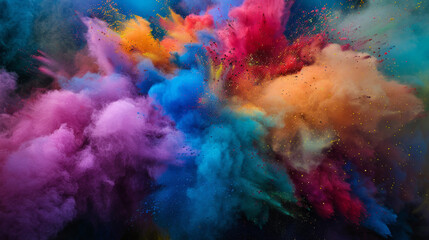 Obraz na płótnie Canvas This image illustrates a spectacular, abstract, colorful powder explosion on a contrasting dark backdrop, symbolizing creativity and energy