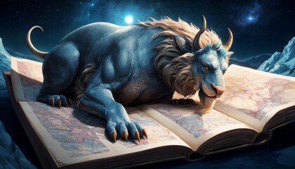 A fantastical blue lion with majestic horns lies atop an open map, under a starry night sky, symbolizing exploration and magic.