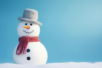 A snowman on a pastel blue background. Creative winter concept.