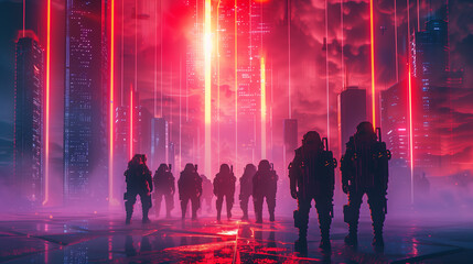 Digital painting of A squad of armored futuristic soldiers standing in formation within a dystopian city illuminated by neon lights and data streams. - obrazy, fototapety, plakaty
