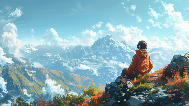 Digital painting of A young man in an orange jacket sits peacefully atop a mountain, surrounded by vast snowy peaks, listening to music.