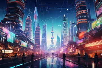 A futuristic vision of urban life in Shanghai, China, where skyscrapers pierce the clouds and neon...