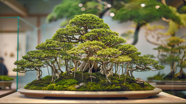 This image showcases a beautifully manicured bonsai tree presented on a wooden stand in an exhibition setting