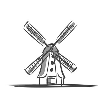 Old windmill in sketch style. Farm, agriculture concept. Engraved vector illustration	