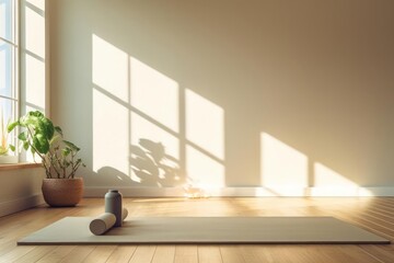 Fototapeta na wymiar Minimalist yoga studio amidst uncluttered surroundings. The space is bathed in soft, natural light, with a simple yoga mat laid out on the floor.