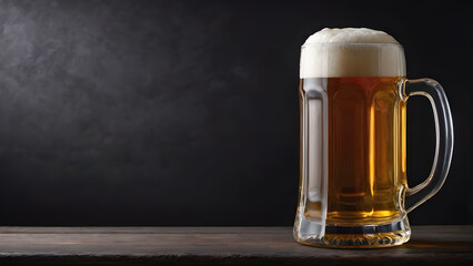 a mug of beer on a black background . the text space. copy space