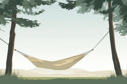 The minimalist composition depicts a hammock against a forest background.
