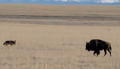 Fototapeta na wymiar A Buffalo With A Lone Coyote In The Distance