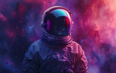 Astronaut in a space suit against a surreal pink nebula with sparkling stars and a distant planet.