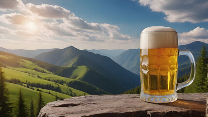 a mug of beer on the background of green grass, in nature. the text space. copy space