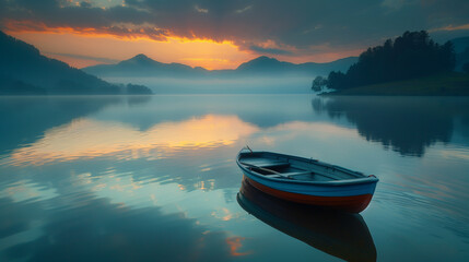 A serene lake at dawn with a single rowboat in the center, simplicity juxtaposed against the complexity of reflections on the water. - obrazy, fototapety, plakaty