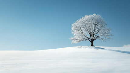 Explore the tranquility of a lone tree standing in a snow-covered landscape, its branches delicately coated with snow, atop a serene snowy hill.