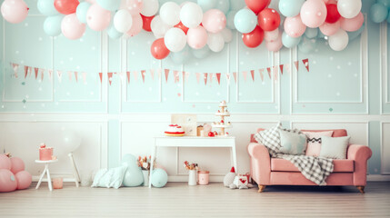 Children's room decor for a birthday party in pastel pink and blue colors. Generated AI