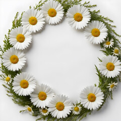 an empty circle of daisy flowers on a white background. text space