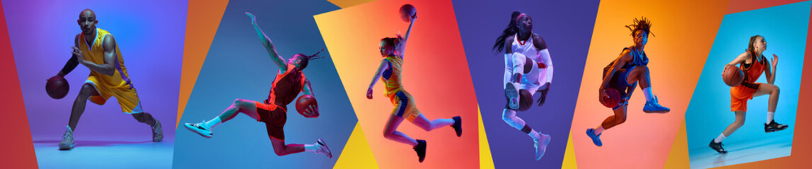 Collage. Dynamic images of different young people, basketball players in motion during game against...