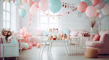Children's room decor for a birthday party in pastel pink and blue colors. Generated AI