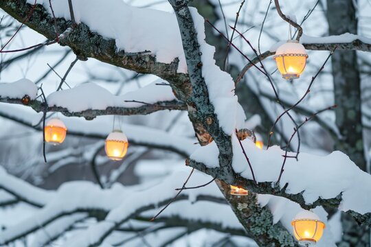 individual snow lanterns hung on tree branches, snow on limbs