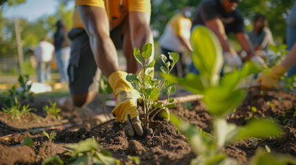A group of neighbors planting trees together in their community garden - happiness, joy, love, respect