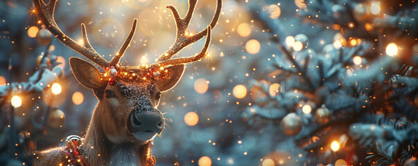 A reindeer with antlers decorated with lights and ornaments - obrazy, fototapety, plakaty