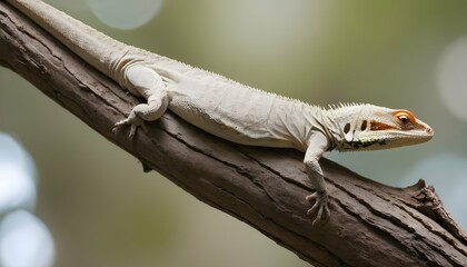 A Lizard With Its Body Stretched Out Along A Tree - obrazy, fototapety, plakaty