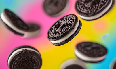 Close up of oreos flying in the air a colorful background, Generative AI