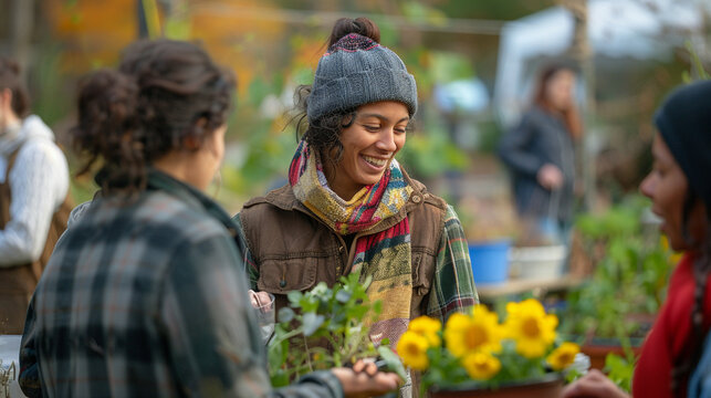 Neighbors hosting a seed swap event to exchange seeds and gardening tips for sustainable food production - happiness, joy, love, respect