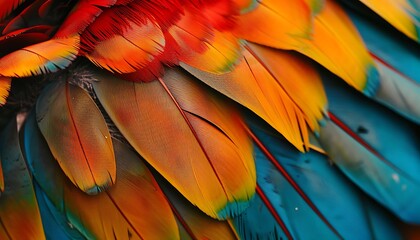Captivating Close-Up, Colorful Bird Feathers Reflecting Avian Diversity and Conservation Concerns - obrazy, fototapety, plakaty
