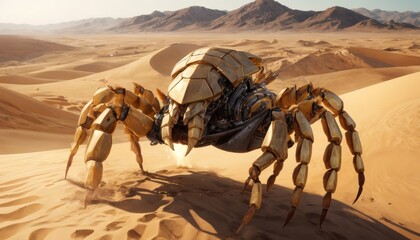 A robotic scorpion, armored in bronze segments, patrols a vast desert, its mechanical limbs casting sharp shadows on the sand. - obrazy, fototapety, plakaty