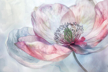 Close-up of a random flower, rendered in hand-drawn style with pastel watercolors, capturing the essence of soft, morning light.