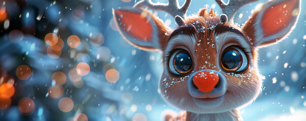 A cartoon reindeer with big eyes and a carrot nose