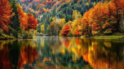 Fototapeta premium A tranquil lake reflecting the vibrant colors of autumn foliage, creating a beautiful contrast against the calm water.
