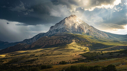 Fototapeta premium A mountain peak bathed in sunlight against a stormy sky, showcasing the stark contrast between sunshine and impending rain.