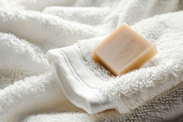 solid shampoo with label, on a white fluffy towel