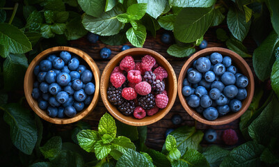 Blueberry, raspberry and blackberry in wooden bowls framed by mint leaves - obrazy, fototapety, plakaty