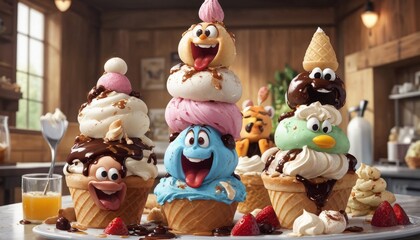 A collection of whimsical ice cream characters topped with playful expressions, set in a cozy indoor environment