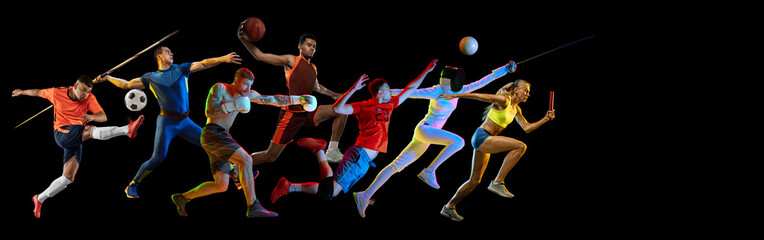 Creative collage with different athletes of various sports, men and women in motion over black...