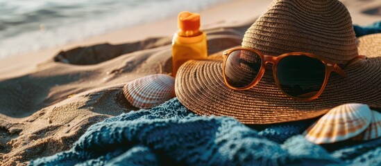 Straw hat sunglasses sunscreen and seashells lie on beach towel. - obrazy, fototapety, plakaty