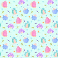 Easter eggs Seamless pattern, easter snails pattern, watercolor style, spring pattern with flowers and snails,  flowers and branches, Cornflowers, spring print for textiles, mint, blue background 