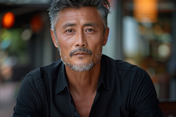 A chinese man with a beard and gray hair is wearing a black shirt. A chinese man, 40 years young, dark hair, black eyes with gray streaks of hair. Dressed in a black shirt and jeans