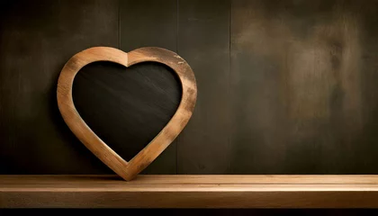 Rolgordijnen Blank blackboard with wooden frame in the shape of a heart, on top of a wooden shelf with copy space. Valentine's Day template. Generative Ai. © Alberto Masnovo